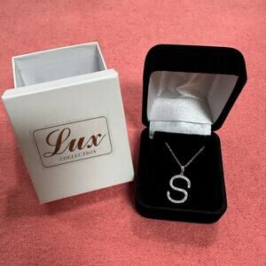 Lux Collection Letter S  Sterling Silver 18” necklace, charm with Crystals